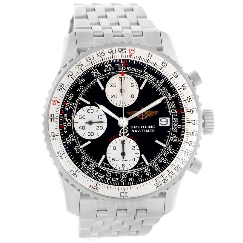 This image shows a frontal view of a Breitling Navitimer A13330 Men's Stainless Steel Black Dial A13330 Men's Stainless Steel Black Dial watch, highlighting its intricate dial and stainless steel bracelet.