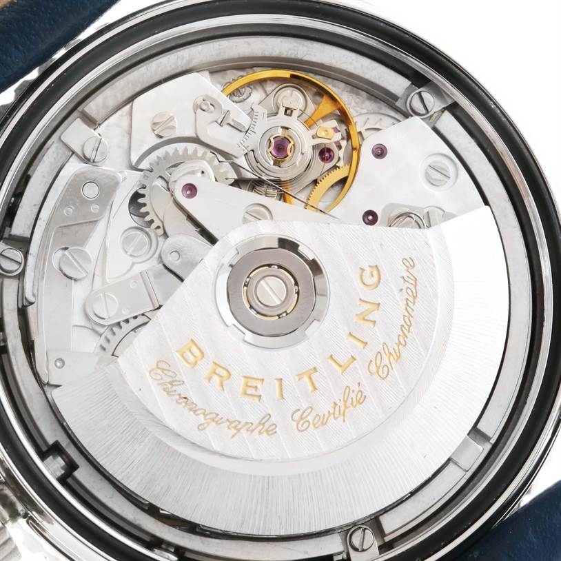 The image shows the movement mechanism and internal parts of a Breitling Navitimer A13322 Men's Stainless Steel Blue Dial A13322 Men's Stainless Steel Blue Dial watch from a rear view angle.