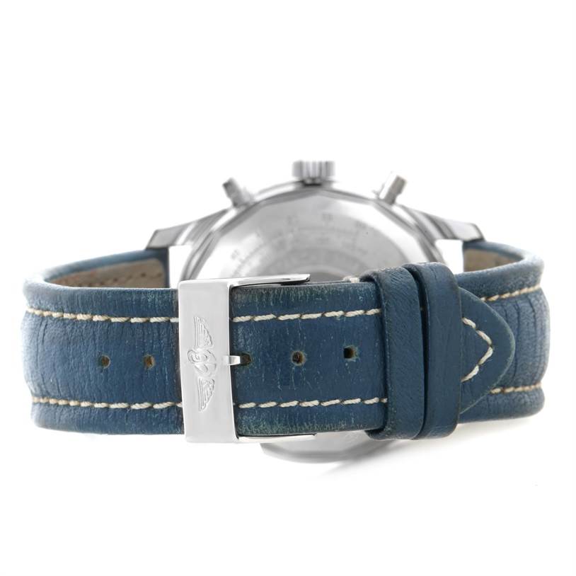 This image shows the back view of a Breitling Navitimer A13322 Men's Stainless Steel Blue Dial A13322 Men's Stainless Steel Blue Dial watch, focusing on the blue leather strap and silver clasp.