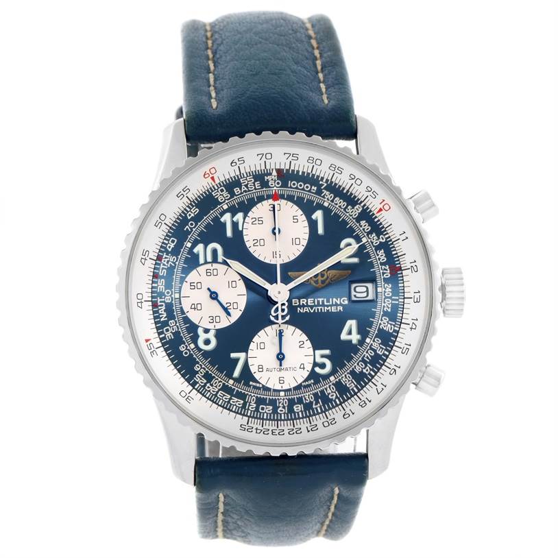 This image shows a front view of a Breitling Navitimer A13322 Men's Stainless Steel Blue Dial A13322 Men's Stainless Steel Blue Dial watch, highlighting its blue dial, chronograph subdials, and blue leather strap.