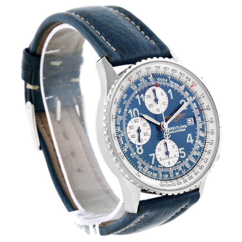 This image shows a Breitling Navitimer A13322 Men's Stainless Steel Blue Dial A13322 Men's Stainless Steel Blue Dial watch from a three-quarter angle, highlighting its face, dial, and leather strap.
