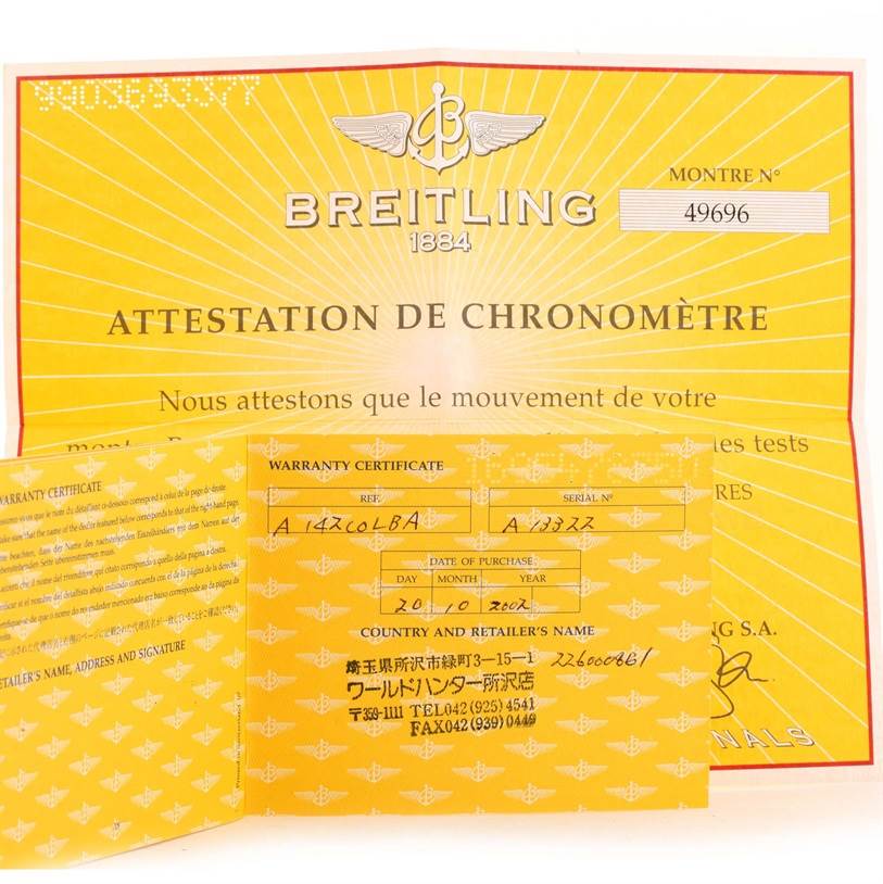 The image shows the warranty certificate and chronometer attestation document for a Breitling Navitimer A13322 Men's Stainless Steel Blue Dial A13322 Men's Stainless Steel Blue Dial watch.