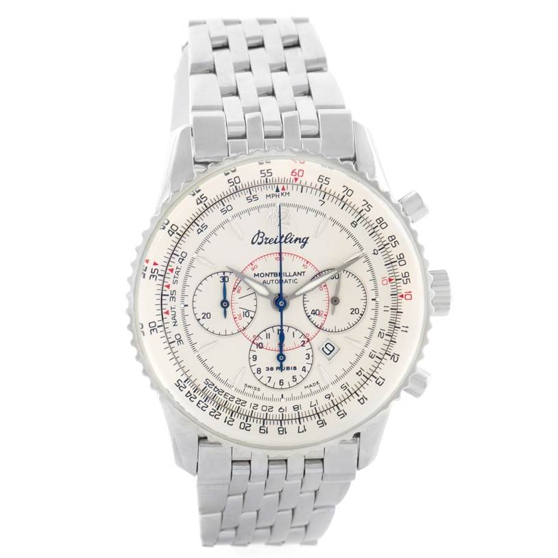 This image shows the front view of a Breitling Navitimer A41330 Men's Stainless Steel Silver Dial A41330 Men's Stainless Steel Silver Dial watch, displaying its dial and stainless steel bracelet.