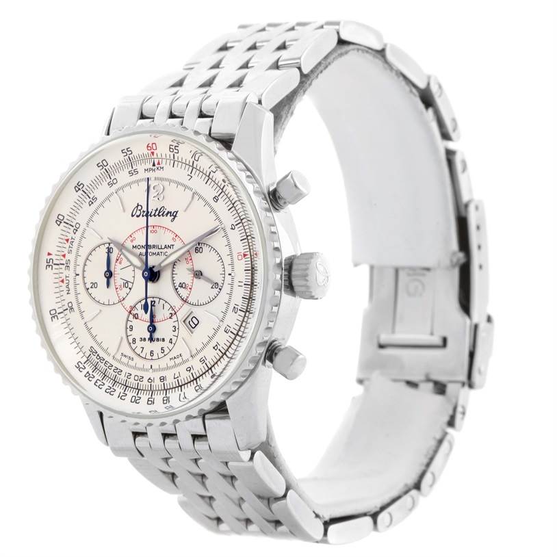 This Breitling Navitimer A41330 Men's Stainless Steel Silver Dial A41330 Men's Stainless Steel Silver Dial model watch is shown from a front-side angle displaying the face, bezel, crown, pushers, and stainless steel bracelet.