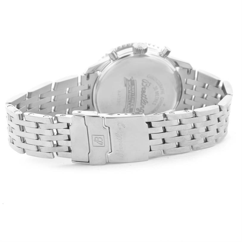 The image shows the back of the Breitling Navitimer A41330 Men's Stainless Steel Silver Dial A41330 Men's Stainless Steel Silver Dial watch, highlighting its case back, crown, and metal bracelet.