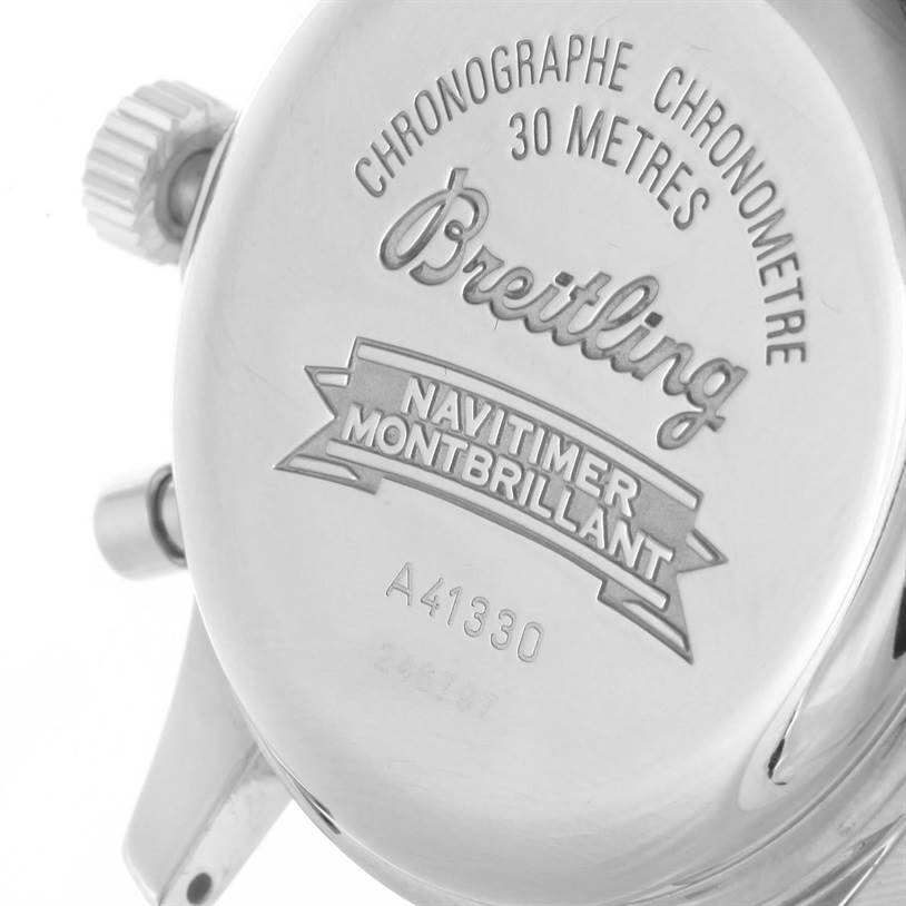 This image shows the case back and crown of a Breitling Navitimer A41330 Men's Stainless Steel Silver Dial A41330 Men's Stainless Steel Silver Dial Montbrillant model, displaying the engraved details and model number.