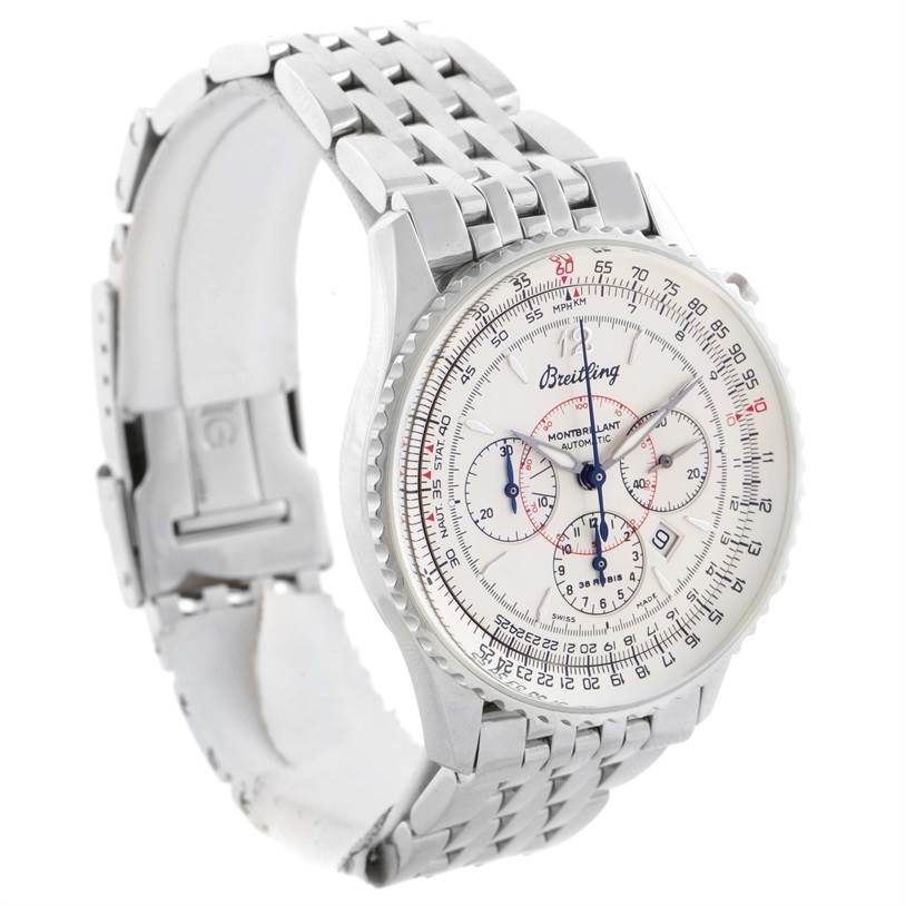 This image shows a Breitling Navitimer A41330 Men's Stainless Steel Silver Dial A41330 Men's Stainless Steel Silver Dial watch at a slight angle, highlighting the face, bezel, and metal bracelet.