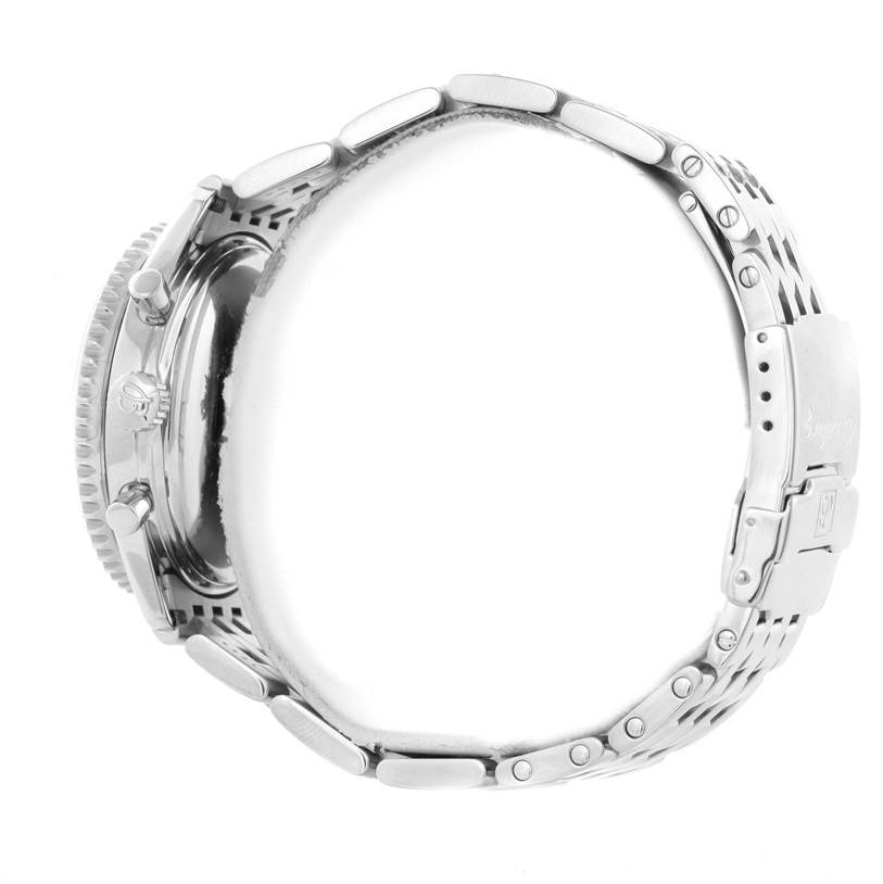 The image shows a side view of a Breitling Navitimer A41330 Men's Stainless Steel Silver Dial A41330 Men's Stainless Steel Silver Dial watch, highlighting the metal case, crown, pushers, and bracelet.