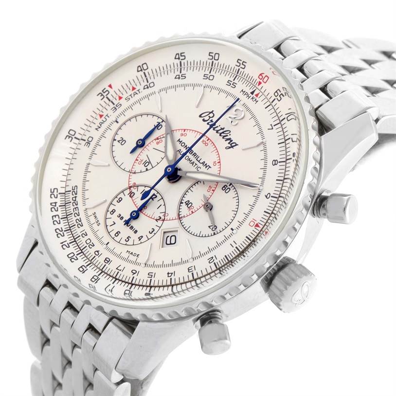 The image shows a close-up, angled view of a Breitling Navitimer A41330 Men's Stainless Steel Silver Dial A41330 Men's Stainless Steel Silver Dial watch, highlighting its dial, crown, pushers, and metal bracelet.