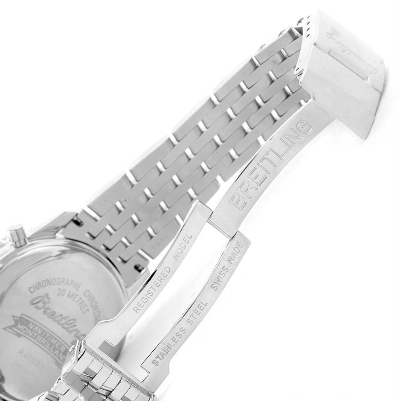The image shows the opened clasp and parts of the stainless steel bracelet of a Breitling Navitimer A41330 Men's Stainless Steel Silver Dial A41330 Men's Stainless Steel Silver Dial watch.