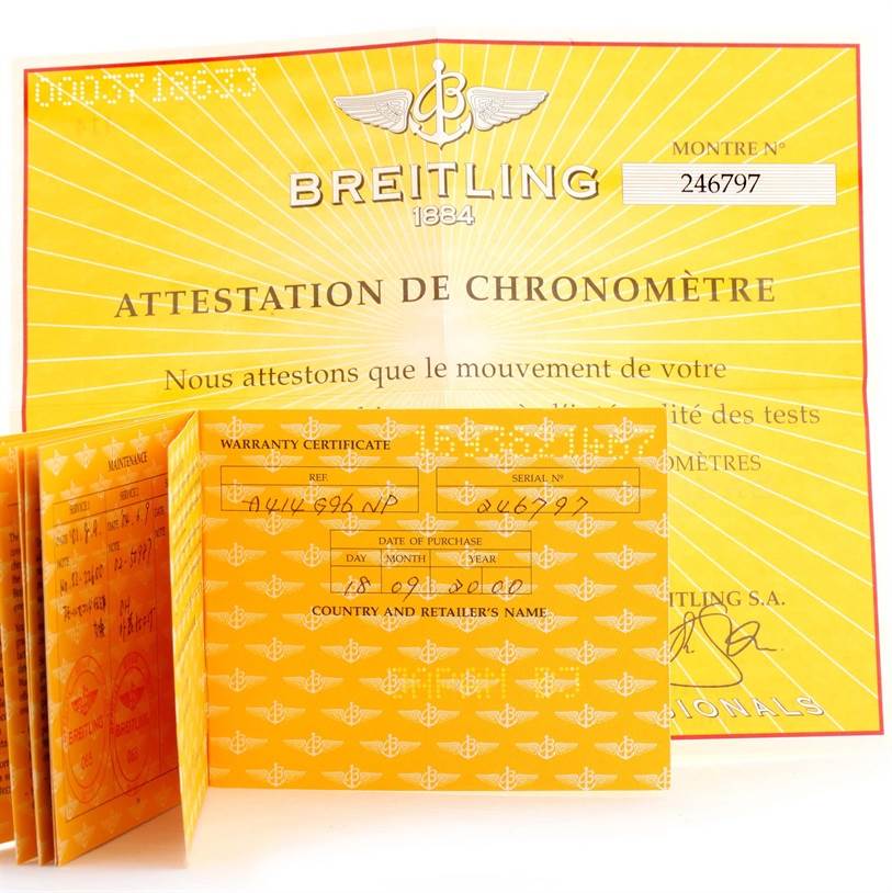 The image shows warranty certificates and a chronometer attestation for a Breitling Navitimer A41330 Men's Stainless Steel Silver Dial A41330 Men's Stainless Steel Silver Dial watch.