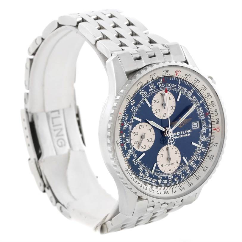 The image shows a Breitling Navitimer A13022 Men
s Stainless Steel Blue Dial A13022 Men
s Stainless Steel Blue Dial watch at a three-quarter angle, displaying the face, bezel, and bracelet.