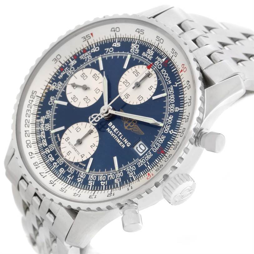 The image shows a close-up of a Breitling Navitimer A13022 Men
s Stainless Steel Blue Dial A13022 Men
s Stainless Steel Blue Dial watch from an angled side view, highlighting its blue dial, bezel, pushers, and stainless steel bracelet.