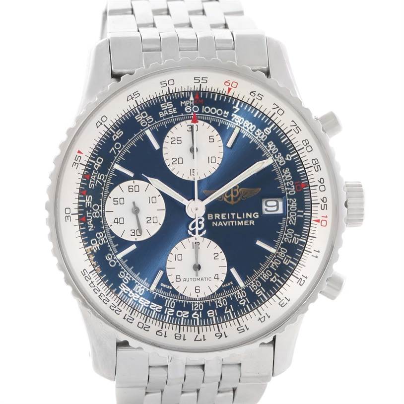 The image shows a frontal view of a Breitling Navitimer A13022 Men
s Stainless Steel Blue Dial A13022 Men
s Stainless Steel Blue Dial watch, highlighting the dial, subdials, bezel, and metal bracelet.