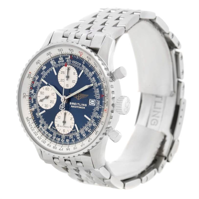 The Breitling Navitimer A13022 Men
s Stainless Steel Blue Dial A13022 Men
s Stainless Steel Blue Dial watch is shown at a slight angle, highlighting the face, bezel, crown, chronograph pushers, and metal bracelet.