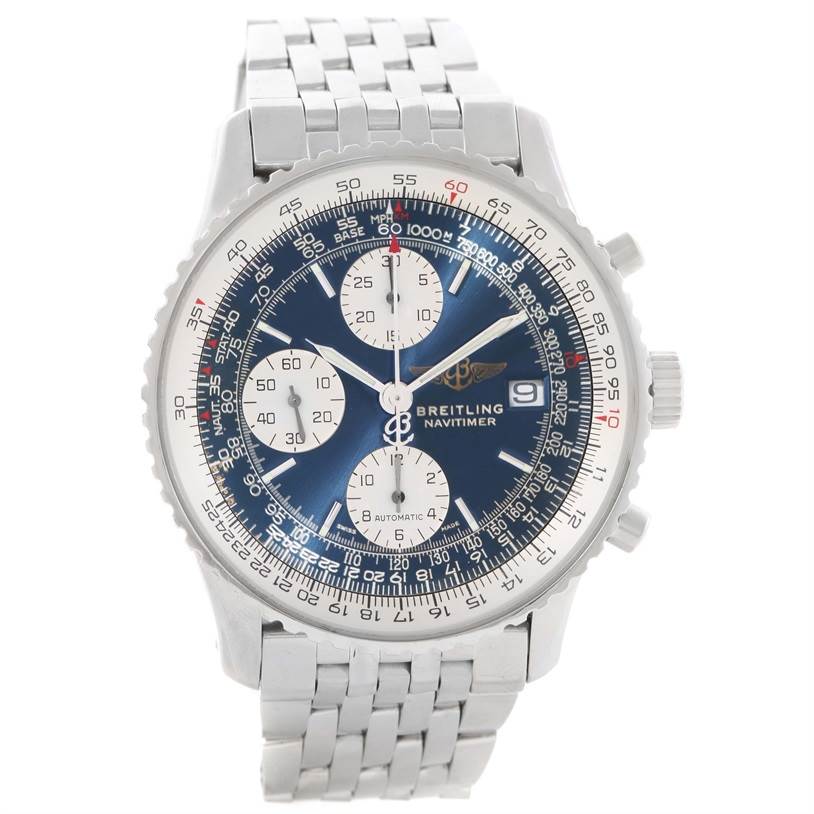 This is a straight-on view of the Breitling Navitimer A13022 Men
s Stainless Steel Blue Dial A13022 Men
s Stainless Steel Blue Dial watch, showing the dial, chronograph subdials, bezel, crown, and part of the bracelet.