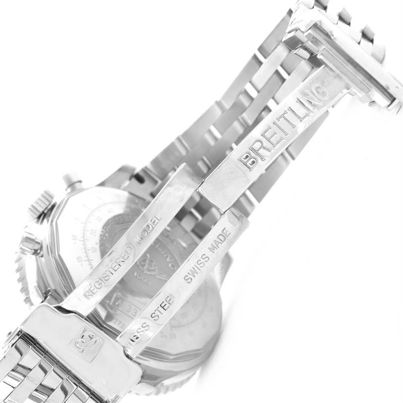 This image shows the clasp and partially the back of the bracelet of a Breitling Navitimer A13022 Men
s Stainless Steel Blue Dial A13022 Men
s Stainless Steel Blue Dial watch at an angled view.