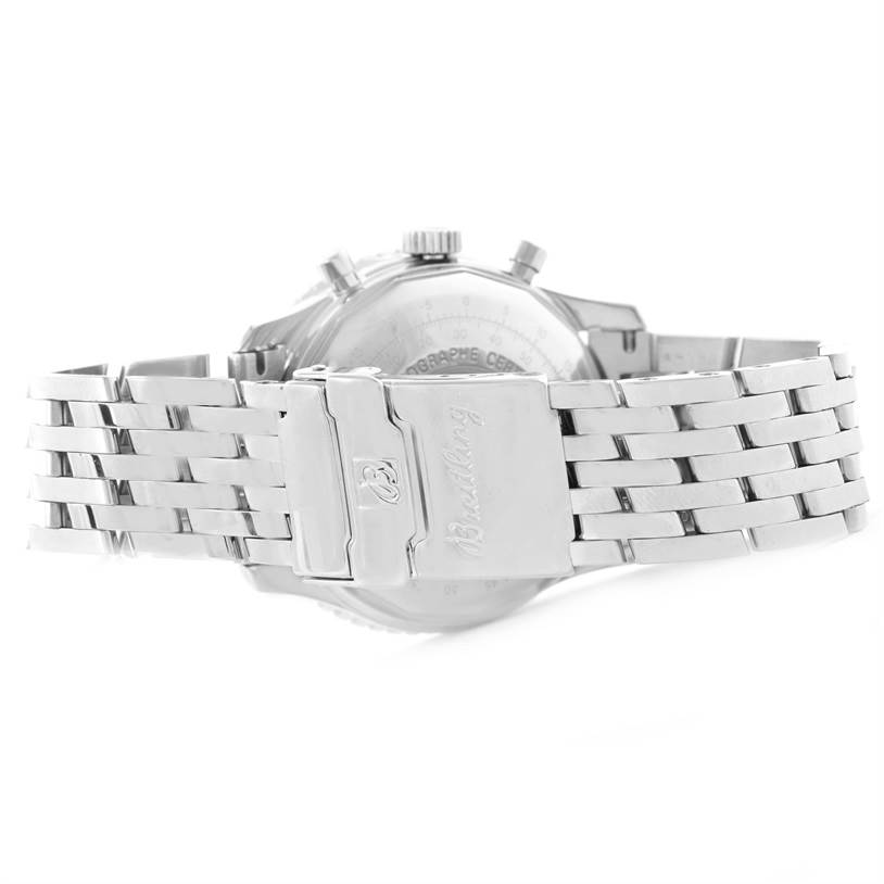 The image shows the back view of a Breitling Navitimer A13022 Men
s Stainless Steel Blue Dial A13022 Men
s Stainless Steel Blue Dial watch, focusing on its closed bracelet and clasp.