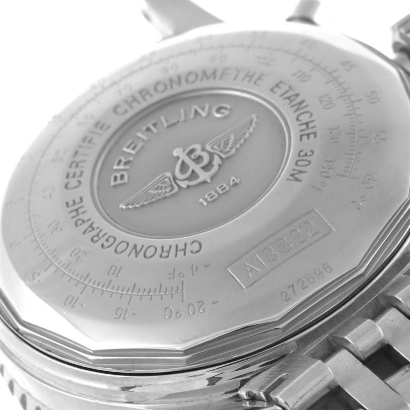 The image shows the back case of the Breitling Navitimer A13022 Men
s Stainless Steel Blue Dial A13022 Men
s Stainless Steel Blue Dial watch, highlighting its engraved logo and water-resistance details.