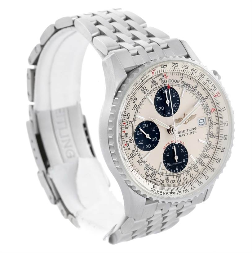 The Breitling Navitimer A13330 Men's Stainless Steel Silver Dial A13330 Men's Stainless Steel Silver Dial watch is shown at a three-quarter angle, highlighting its bezel, dial, and steel bracelet.