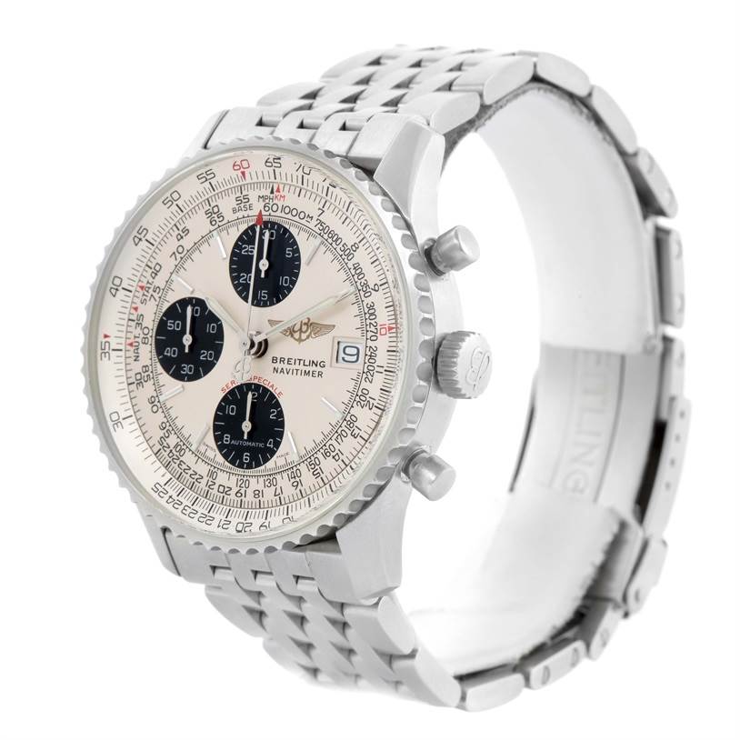 The image shows a Breitling Navitimer A13330 Men's Stainless Steel Silver Dial A13330 Men's Stainless Steel Silver Dial watch at a front-side angle, highlighting its dial, bezel, chronograph sub-dials, and bracelet.
