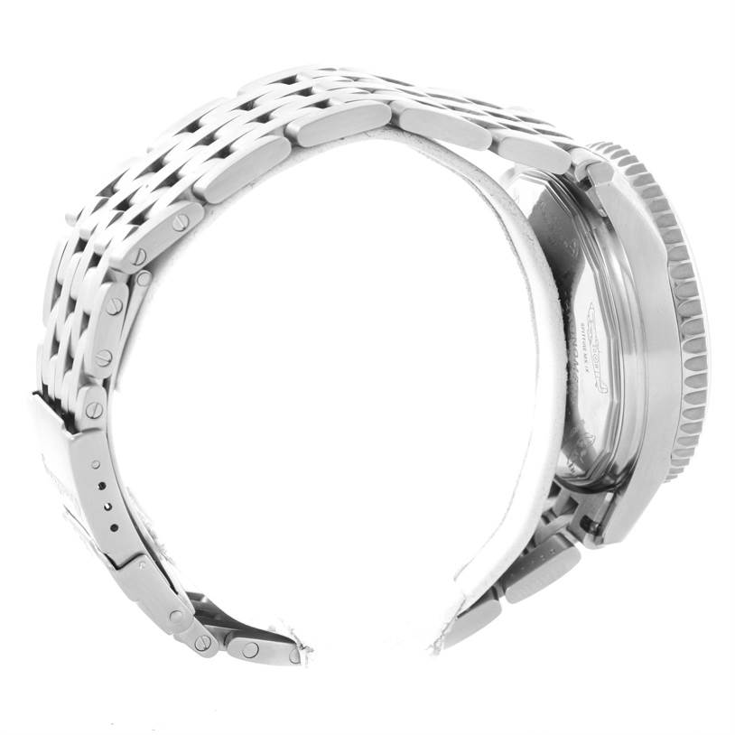 This image shows the side view of a Breitling Navitimer A13330 Men's Stainless Steel Silver Dial A13330 Men's Stainless Steel Silver Dial watch, focusing on the metal bracelet and partially visible case back.