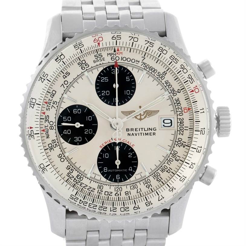 This image shows a front view of a Breitling Navitimer A13330 Men's Stainless Steel Silver Dial A13330 Men's Stainless Steel Silver Dial watch, highlighting its dial, bezel, chronograph subdials, and stainless steel bracelet.