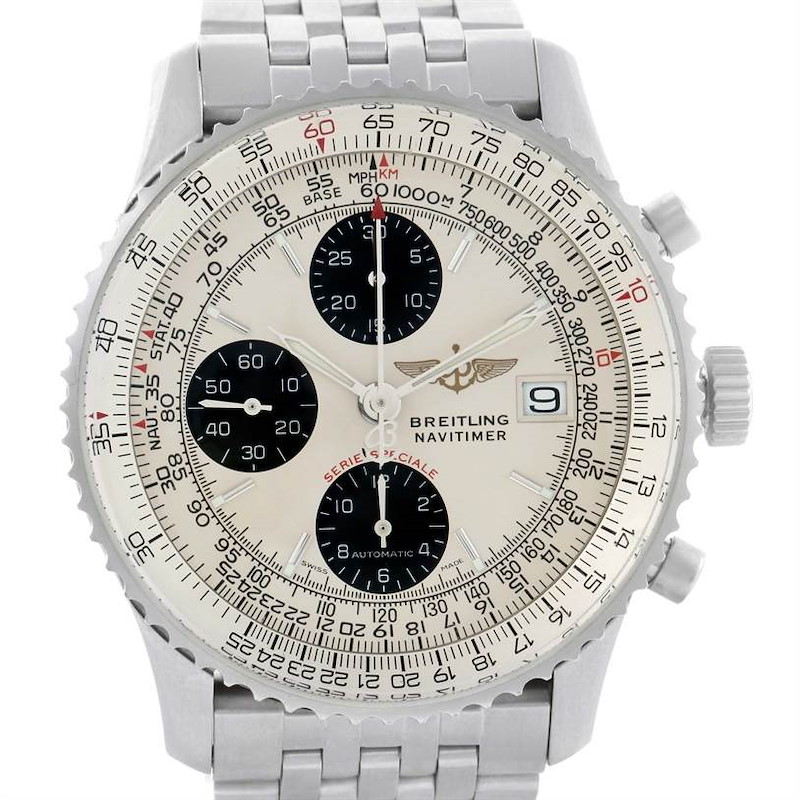 This image shows a front view of a Breitling Navitimer watch, highlighting its dial, bezel, chronograph subdials, and stainless steel bracelet.