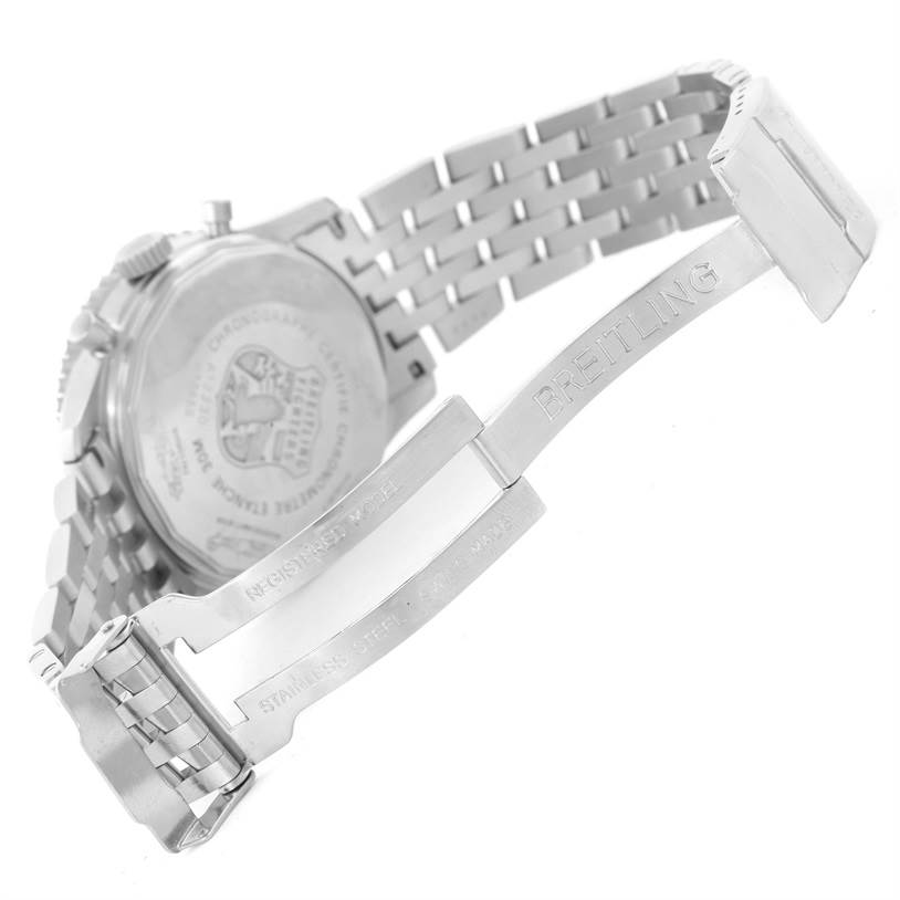 The image shows the back case and open clasp of a Breitling Navitimer A13330 Men's Stainless Steel Silver Dial A13330 Men's Stainless Steel Silver Dial watch, highlighting the bracelet and engraved brand name.