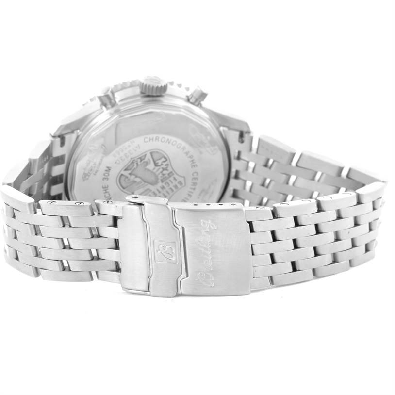 The image shows the back case and bracelet clasp of a Breitling Navitimer A13330 Men's Stainless Steel Silver Dial A13330 Men's Stainless Steel Silver Dial watch from a rear angle.