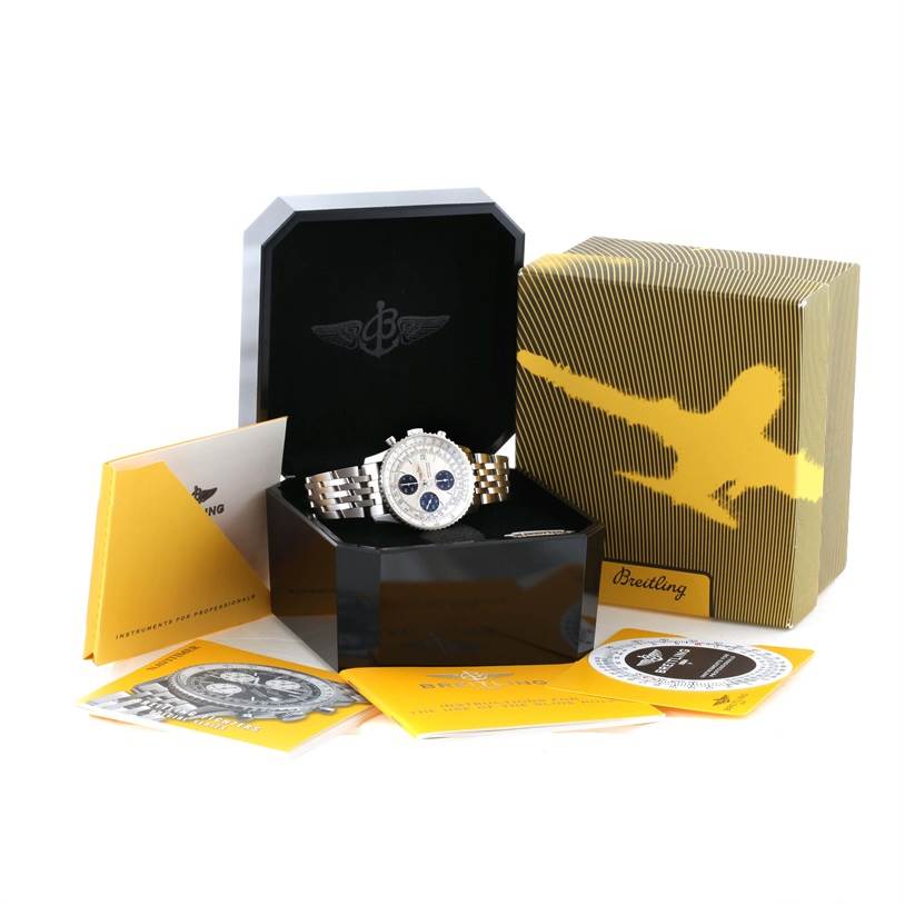 The image displays a Breitling Navitimer A13330 Men's Stainless Steel Silver Dial A13330 Men's Stainless Steel Silver Dial watch at a front angle, alongside its box, papers, and manuals.