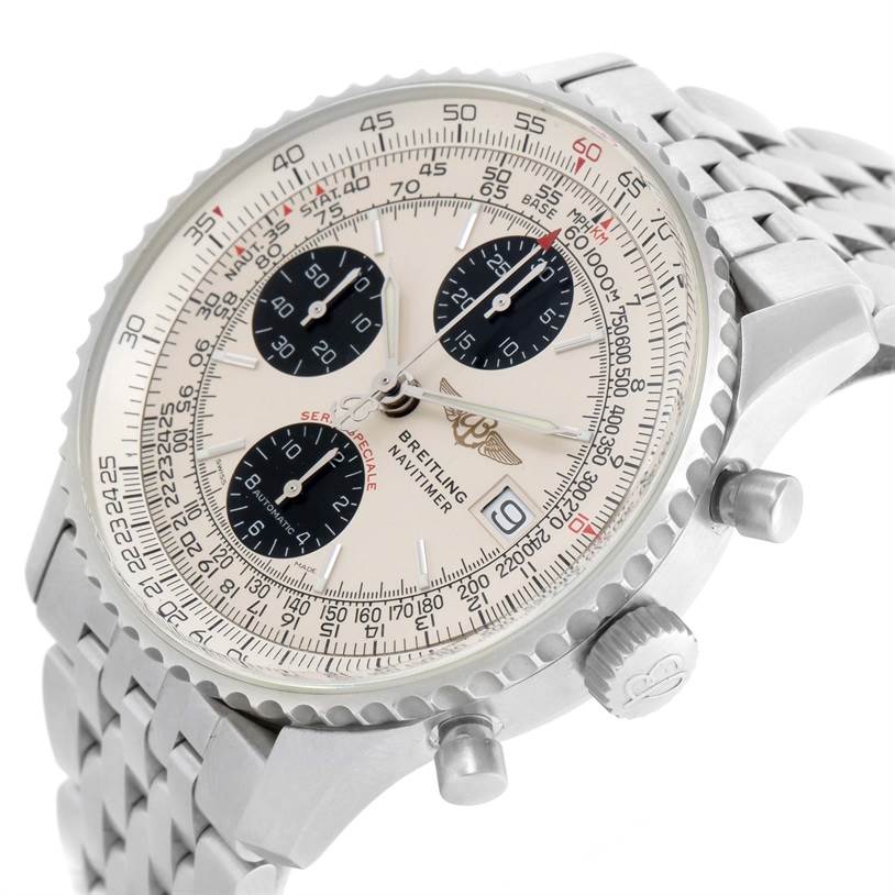 The Breitling Navitimer A13330 Men's Stainless Steel Silver Dial A13330 Men's Stainless Steel Silver Dial watch is shown at an angle, highlighting its face, chronograph subdials, and stainless steel bracelet.