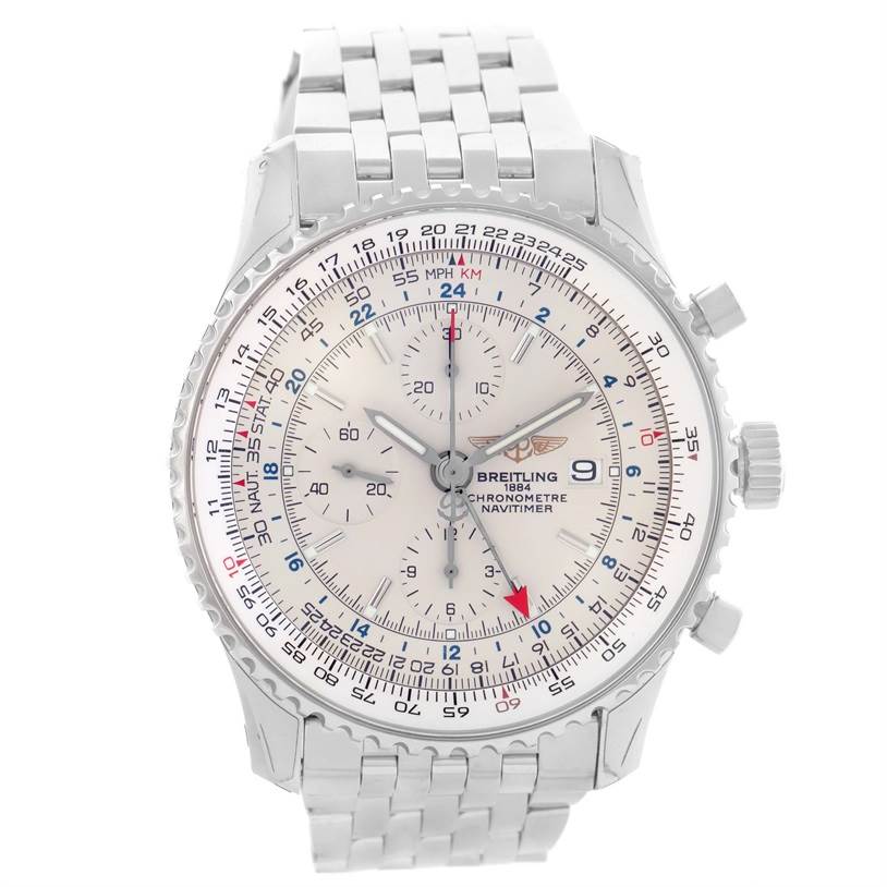 This image shows a frontal view of the Breitling Navitimer A24322 Men's Stainless Steel Silver Dial A24322 Men's Stainless Steel Silver Dial watch, highlighting its dial, bezel, and metal bracelet.