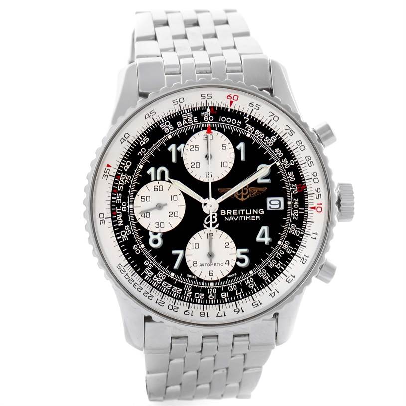 This is a front view of the Breitling Navitimer A13022 Men's Stainless Steel Black Dial A13022 Men's Stainless Steel Black Dial watch showing the face, bezel, crown, pushers, and metal bracelet.