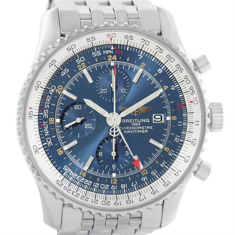 The image shows a front view of a Breitling Navitimer watch, highlighting its blue dial, chronograph subdials, and stainless steel bracelet.