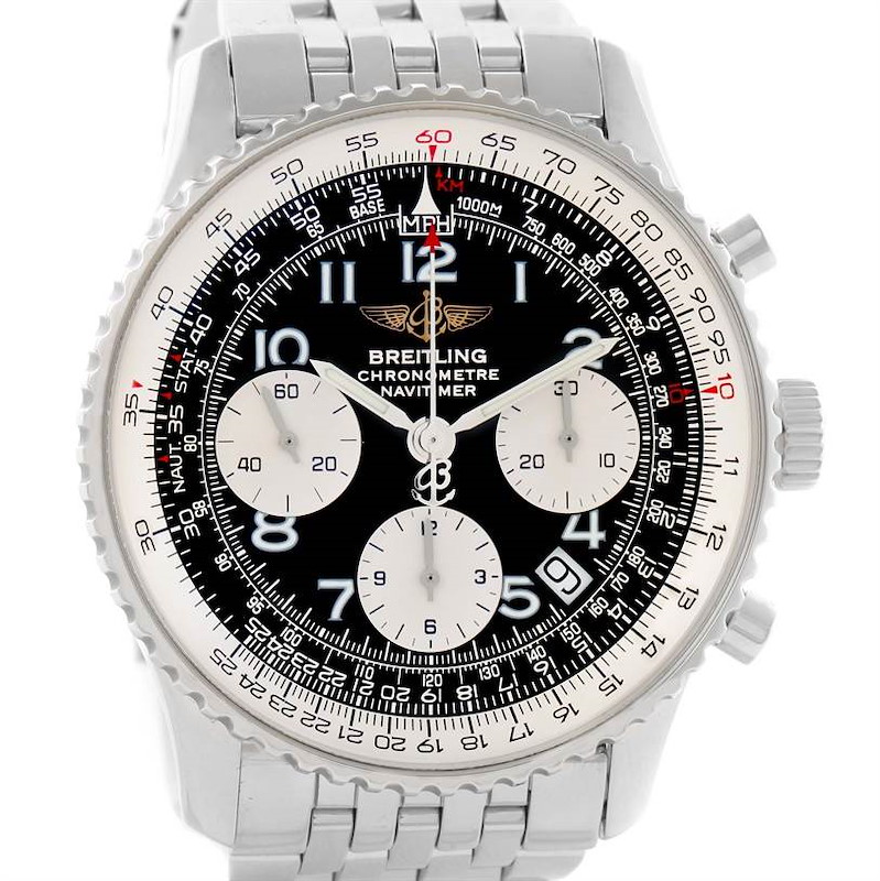 This image shows a front view of the Breitling Navitimer watch, highlighting its dial, chronograph subdials, and bracelet.