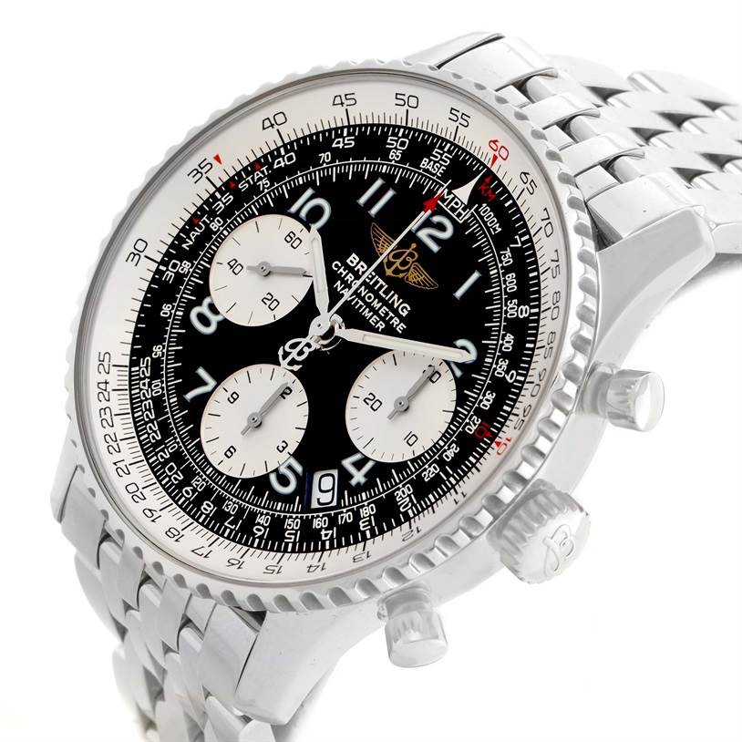 This image shows a close-up, angled view of the Breitling Navitimer A23322 Men's Stainless Steel Black Dial A23322 Men's Stainless Steel Black Dial watch, featuring its dial, bezel, and stainless steel bracelet.