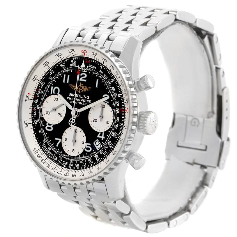 The Breitling Navitimer A23322 Men's Stainless Steel Black Dial A23322 Men's Stainless Steel Black Dial watch is shown at an angle displaying its face, bezel, pushers, crown, and bracelet.
