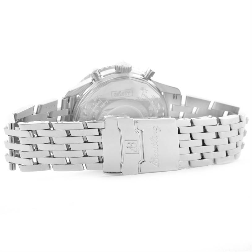 The image shows a rear view of the Breitling Navitimer A23322 Men's Stainless Steel Black Dial A23322 Men's Stainless Steel Black Dial watch, highlighting its metal bracelet and clasp.