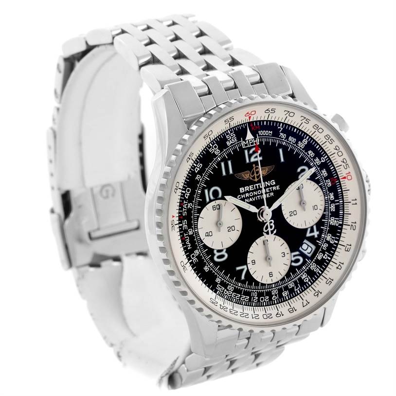 The image shows the front and partial side view of a Breitling Navitimer A23322 Men's Stainless Steel Black Dial A23322 Men's Stainless Steel Black Dial watch, highlighting its dial, bezel, and metal bracelet.