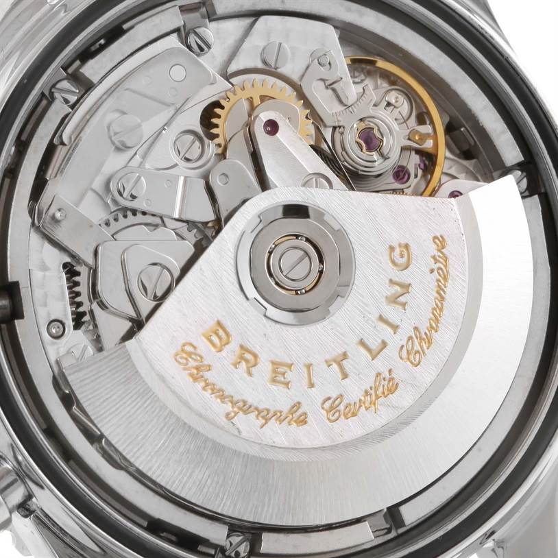 The image shows the backside view, displaying the inner mechanical movement of a Breitling Navitimer A23322 Men's Stainless Steel Black Dial A23322 Men's Stainless Steel Black Dial watch.