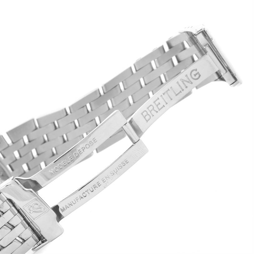 The image shows a close-up of the Breitling Navitimer A23322 Men's Stainless Steel Black Dial A23322 Men's Stainless Steel Black Dial watch's metal bracelet and clasp from an angled side view.