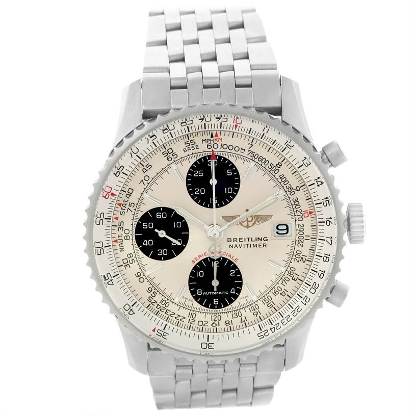 The image shows a front view of a Breitling Navitimer A13330 Men
s Stainless Steel Silver Dial A13330 Men
s Stainless Steel Silver Dial watch, highlighting the dial, bezel, and bracelet.