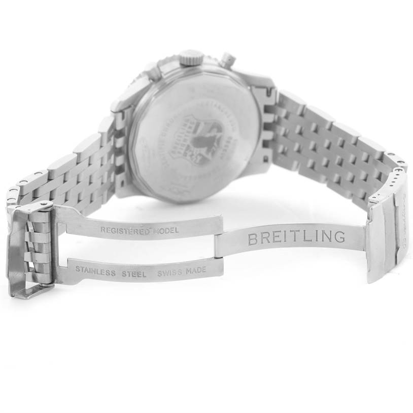 The image shows the back view of a Breitling Navitimer A13330 Men
s Stainless Steel Silver Dial A13330 Men
s Stainless Steel Silver Dial watch, highlighting the stainless steel bracelet and clasp engraved with "BREITLING."
