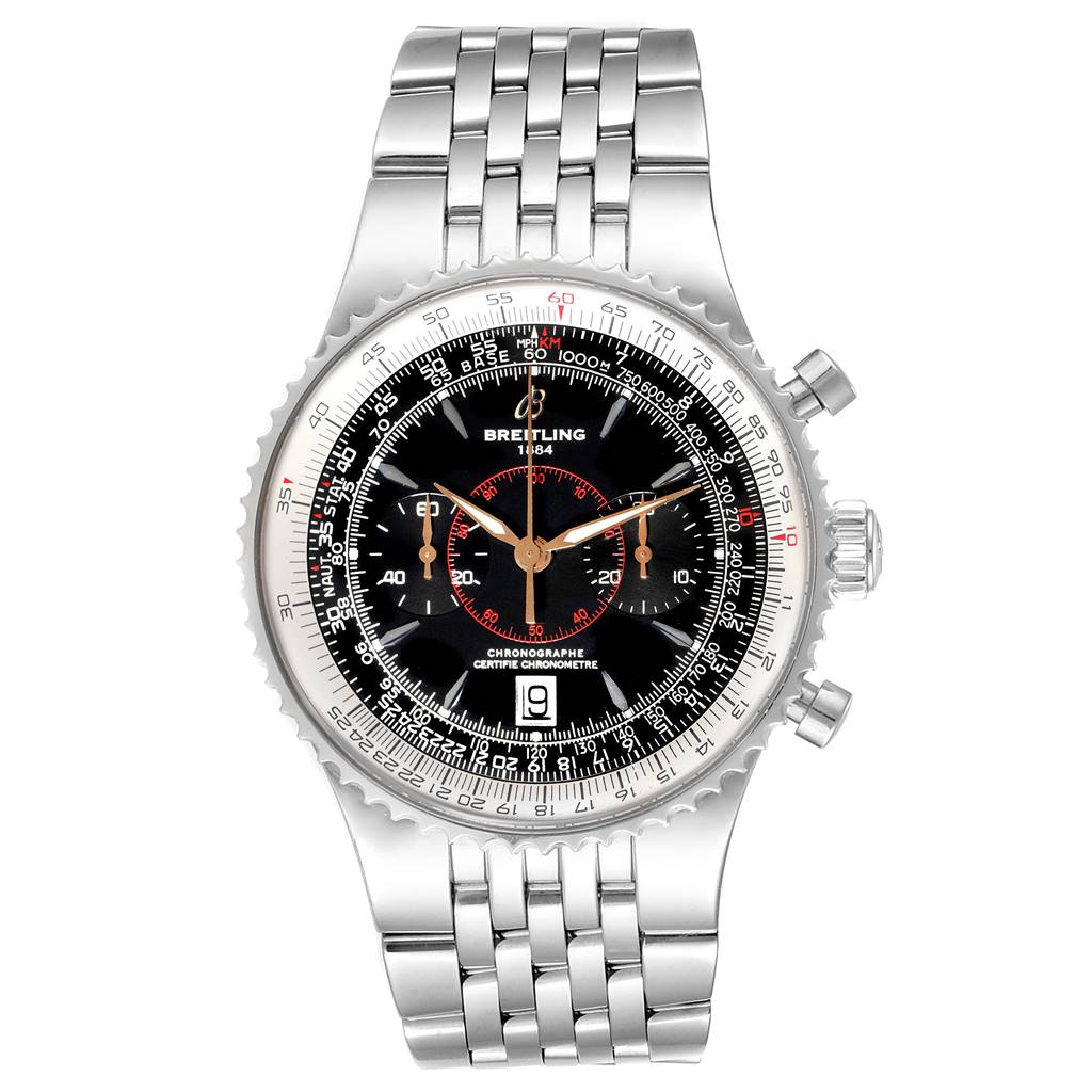 This image shows a front view of a Breitling Navitimer A23340 Men's Stainless Steel Black Dial A23340 Men's Stainless Steel Black Dial watch, highlighting its dial and stainless steel bracelet.