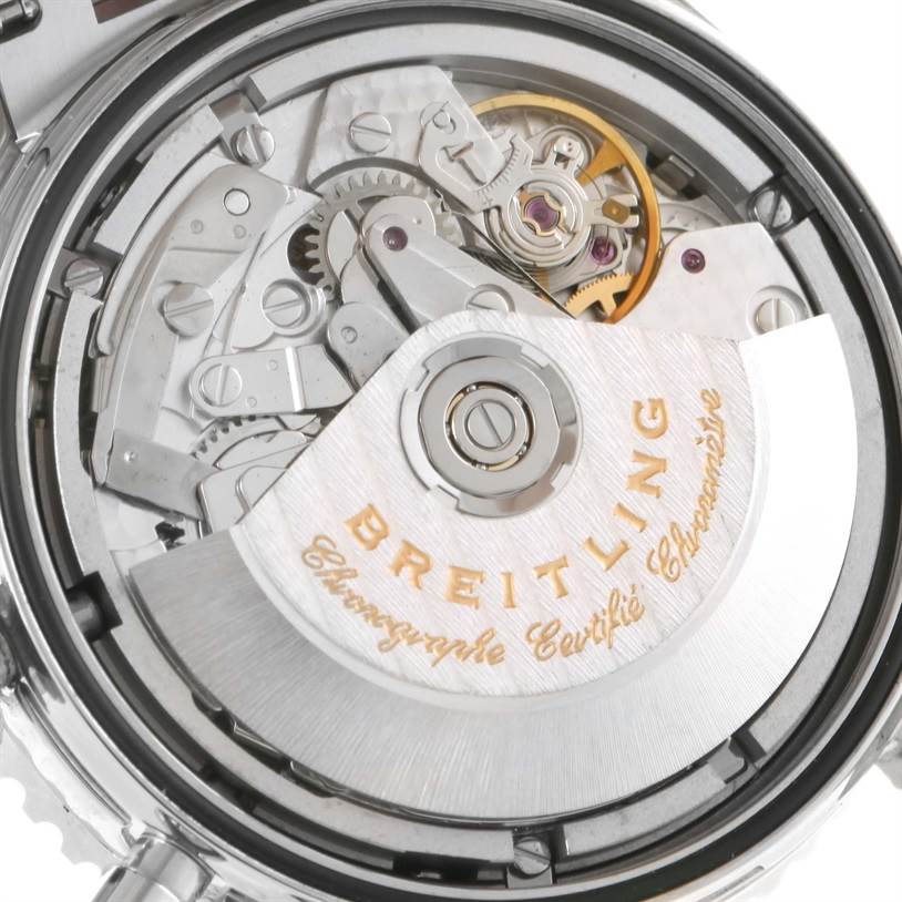 This image shows the open back view of a Breitling Navitimer A23322 Men's Stainless Steel Silver Dial A23322 Men's Stainless Steel Silver Dial watch, revealing its internal mechanical movement.