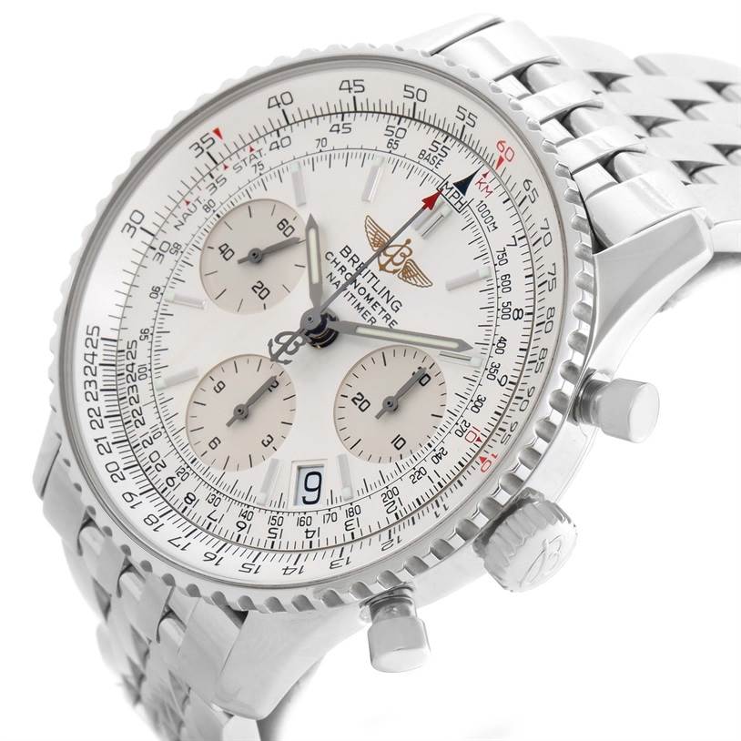 The image shows a Breitling Navitimer A23322 Men's Stainless Steel Silver Dial A23322 Men's Stainless Steel Silver Dial watch at a three-quarter angle, displaying the face, sub-dials, and part of the metal bracelet.