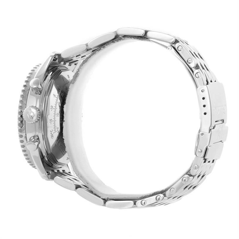 This image shows a Breitling Navitimer A23322 Men's Stainless Steel Silver Dial A23322 Men's Stainless Steel Silver Dial watch from a side view, highlighting the case, crown, pushers, and metal bracelet.