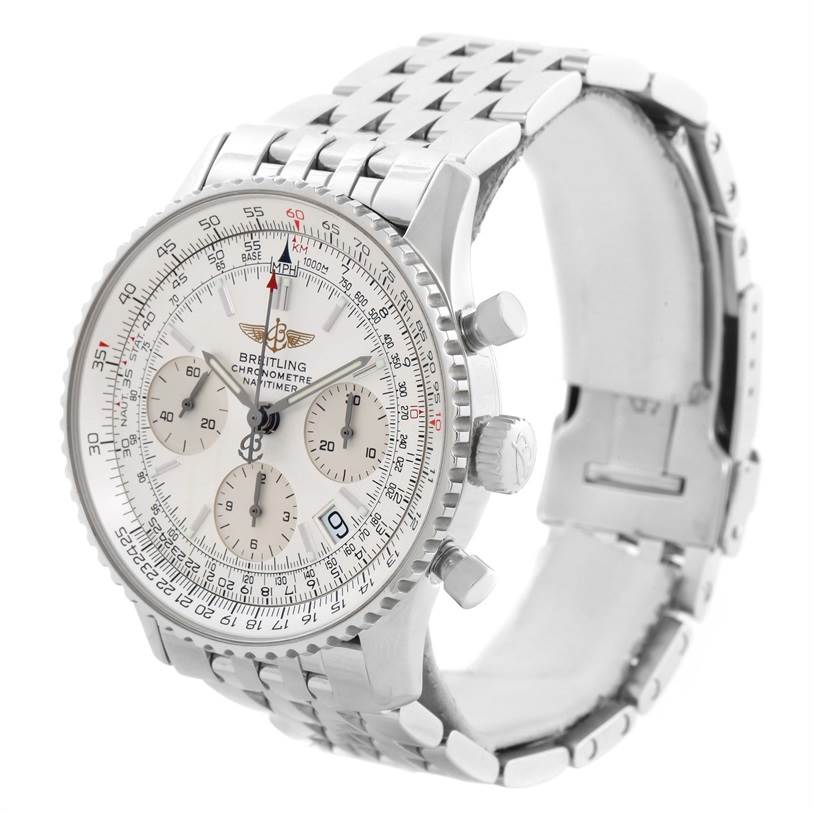 This image shows a Breitling Navitimer A23322 Men's Stainless Steel Silver Dial A23322 Men's Stainless Steel Silver Dial watch at a three-quarter angle, highlighting the face, bezel, and part of the bracelet.