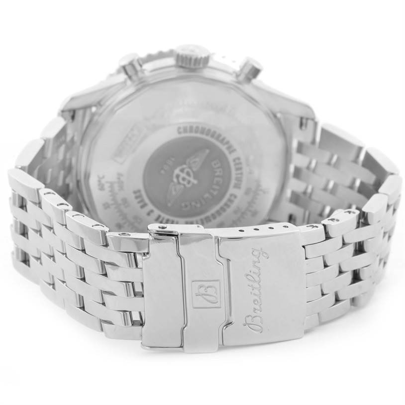 The image shows a rear view of the Breitling Navitimer A23322 Men's Stainless Steel Silver Dial A23322 Men's Stainless Steel Silver Dial watch, highlighting its bracelet and clasp.